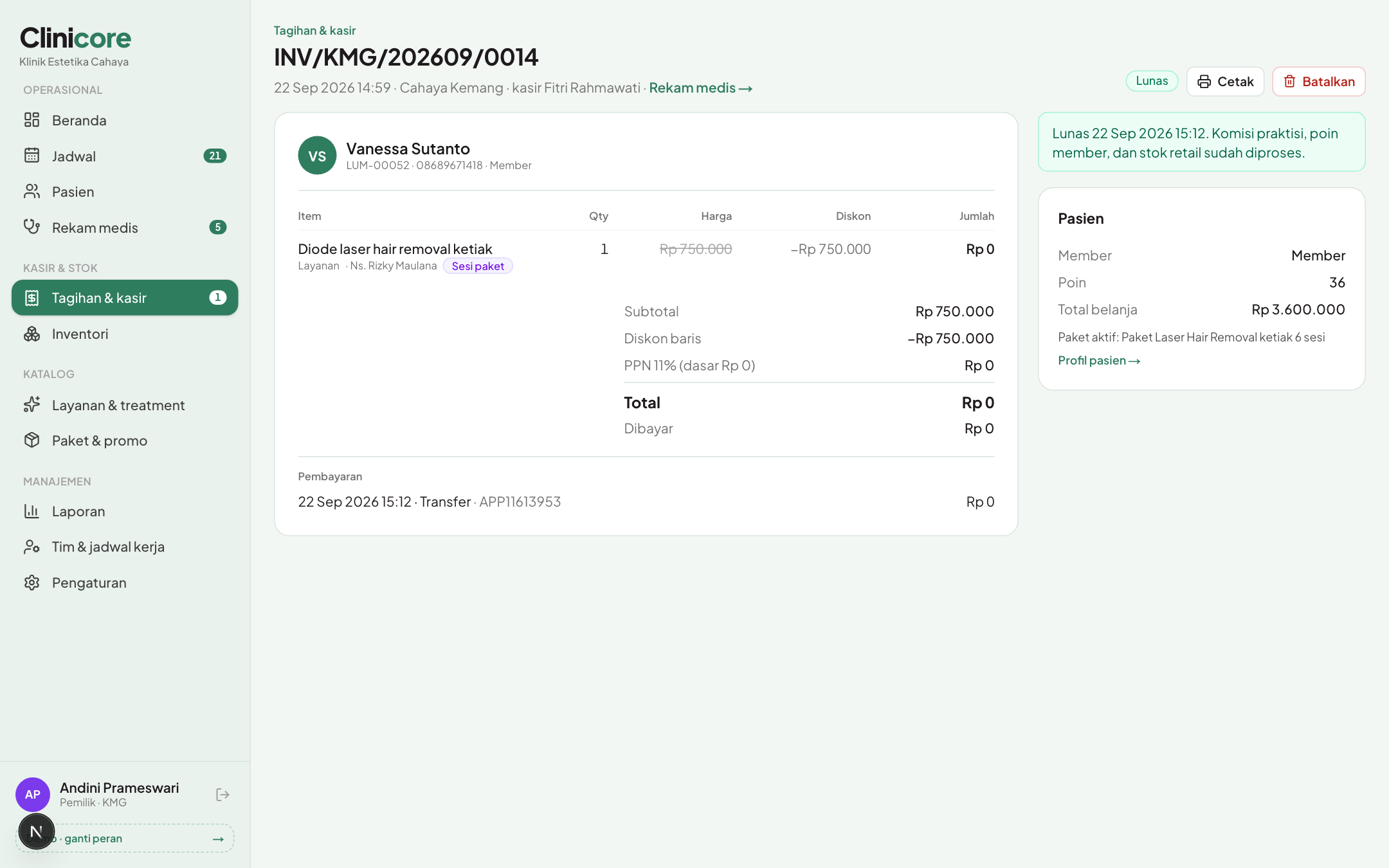 Faktur terbit dari rekam medis, lengkap dengan paket dan diskon